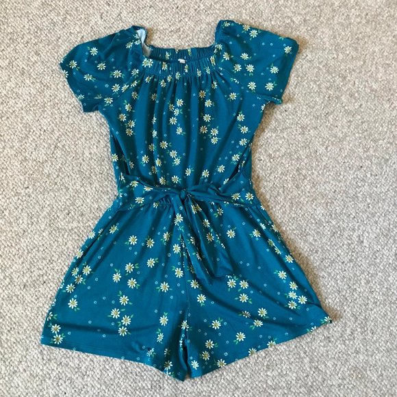 Heart and Burrow Girls Blue Green White Floral Daisy Romper 10 Summer One Piece - Picture 2 of 7